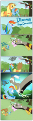 Size: 2016x7417 | Tagged: safe, artist:grievousfan, applejack, discord, rainbow dash, draconequus, earth pony, pegasus, pony, g4, bad pun, comic, eye contact, female, grin, laughing, looking at each other, male, mare, nap, outdoors, pouting, pun, question mark, smiling, tree