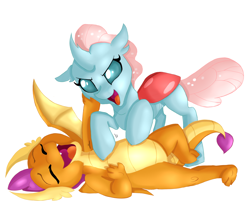 Size: 3000x2500 | Tagged: safe, artist:chaoskomori, artist:jbond, color edit, edit, ocellus, smolder, changedling, changeling, dragon, g4, belly tickling, colored, cute, dragoness, duo, female, high res, laughing, lying down, on back, simple background, tickle fight, tickling, white background