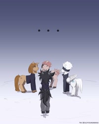 Size: 3200x4000 | Tagged: safe, artist:oldyoungman16, earth pony, pegasus, pony, unicorn, ..., anime, exclamation point, female, gradient background, horn, jujutsu kaisen, living cutie mark, male, mare, megumi fushiguro, nobara kugisaki, ponified, satoru gojou, speech bubble, stallion, trio, yuuji itadori