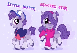 Size: 1819x1241 | Tagged: safe, artist:doodlesinky, pony, unicorn, alternate universe, blank flank, braces, clothes, colt, dipper pines, duo, female, filly, foal, gravity falls, headband, horn, jacket, mabel pines, male, mystery twins, ponified, siblings, sweater, twins