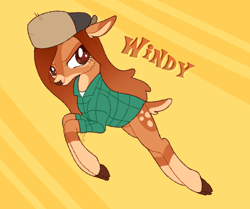 Size: 1690x1416 | Tagged: safe, artist:doodlesinky, deer, deer pony, hybrid, original species, pony, alternate universe, clothes, cloven hooves, coat markings, deerified, freckles, gravity falls, hat, jacket, jumping, leaping, markings, plaid shirt, ponified, shirt, solo, species swap, wendy corduroy