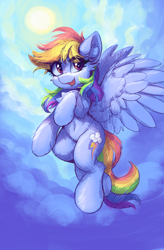 Size: 1488x2266 | Tagged: safe, artist:ravistdash, rainbow dash, pegasus, pony, g4, belly, belly button, chest fluff, cloud, cute, dashabetes, ear fluff, female, flying, full body, looking up, mare, outdoors, raised hoof, sky, smiling, solo, sun, wallpaper, wings