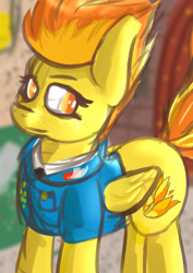 Size: 4465x6314 | Tagged: safe, artist:simplesaemple, spitfire, pegasus, pony, g4, absurd resolution, clothes, colored sketch, drill sergeant, folded wings, indoors, looking at you, simple background, sketch, solo, uniform, wings