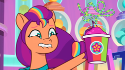 Size: 1920x1080 | Tagged: safe, screencap, sunny starscout, earth pony, pony, g5, my little pony: tell your tale, ooh a new friend, spoiler:g5, spoiler:my little pony: tell your tale, spoiler:tyts02e20, drink, drinking straw, female, lip bite, mane stripe sunny, mare, silly straw, smoothie, smoothie stand, solo, that pony sure does love smoothies, wingding eyes