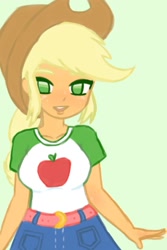 Size: 1024x1536 | Tagged: safe, artist:scrunchie-chan, applejack, equestria girls, g4, my little pony equestria girls: better together, applejack's hat, belt, blushing, clothes, cowboy hat, cute, design, female, freckles, green background, hat, jackabetes, open mouth, shirt design, simple background, skirt, solo