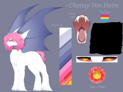 Size: 1638x1228 | Tagged: safe, anonymous artist, oc, oc only, oc:clumsy von heim, original species, pony, undead, vampire, vampony, bat wings, choker, closed species, fangs, gem eyed dracula race, gem eyes, male, open mouth, pansexual, pansexual pride flag, pride, pride flag, reference sheet, short tail, simple background, solo, spread wings, stallion, tail, wings