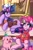 Size: 2000x3000 | Tagged: safe, artist:shadowreindeer, pinkie pie, twilight sparkle, earth pony, pig, pony, unicorn, g4, :p, bed, cap, crossover, diplight, dipper pines, frog (hoof), gravity falls, hat, horn, indoors, looking at someone, lying down, mabel pines, mattress, on side, pullover, sitting, smiling at someone, tongue out, underhoof, unicorn twilight, waddles