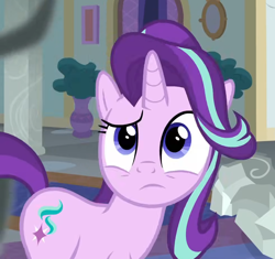 Size: 982x925 | Tagged: safe, edit, edited screencap, screencap, starlight glimmer, pony, unicorn, a matter of principals, g4, season 8, confused, cropped, cute, female, horn, mare, picture, potted plant, school of friendship, smoke, solo, turned head