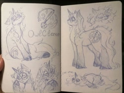 Size: 1080x810 | Tagged: safe, artist:owlclare, oc, oc only, oc:owl clare, pony, unicorn, female, glasses, horn, lying down, mare, monochrome, prone, sitting, sketch, sketch dump, solo, tongue out, traditional art, unshorn fetlocks