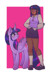 Size: 856x1290 | Tagged: safe, artist:apiandaflower, twilight sparkle, alicorn, human, pony, g4, blushing, clothes, curved horn, cute, dark skin, duo, ear fluff, glasses, hairband, horn, human ponidox, humanized, jewelry, meganekko, necklace, self paradox, self ponidox, shirt, shoes, skirt, socks, stockings, sweater vest, thigh highs, twiabetes, twilight sparkle (alicorn)