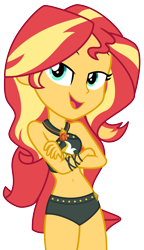 Size: 6732x11693 | Tagged: safe, artist:alandssparkle, sunset shimmer, human, equestria girls, g4, bare shoulders, belly, belly button, bikini, bikini bottom, bikini top, clothes, crossed arms, cutie mark on clothes, eyebrows, female, geode of empathy, jewelry, legs together, lidded eyes, magical geodes, necklace, open mouth, open smile, raised eyebrow, simple background, sleeveless, smiling, solo, sunset shimmer swimsuit, sunset shimmer's beach shorts swimsuit, swimsuit, transparent background