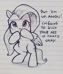 Size: 1736x2048 | Tagged: artist needed, safe, fluttershy, pegasus, pony, g4, bipedal, dialogue, doodle, if that's okay with you, ink drawing, lined paper, probably by whiskeypanda, ready to fight, solo, square head, traditional art