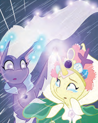 Size: 318x400 | Tagged: safe, idw, maris the crow, queen calla lily, seapony (g4), trenchpony, g5, my little pony: set your sail, set your sail #5, spoiler:comic, spoiler:g5comic, anchors of the seven seas, bubble, clothes, coral, crown, crying, dress, female, fin wings, fins, flowing mane, horn, jewelry, necklace, ocean, outdoors, pearl necklace, regalia, sad, scales, swimming, underwater, water, wings