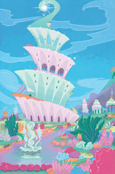 Size: 1033x1566 | Tagged: safe, idw, official comic, g5, my little pony: set your sail, set your sail #4, spoiler:comic, spoiler:g5comic, anemone, bubble, coral, crepuscular rays, flower, fountain, no pony, ocean, palace, reef, rose, seaweed, sparkling sea, statue, sunlight, underwater, water