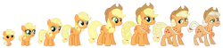 Size: 1475x320 | Tagged: safe, artist:dazzle, applejack, earth pony, pony, g4, accessory, age progression, blonde mane, braid, braided tail, female, filly, foal, hair bun, hat, mare, older, older applejack, pigtails, simple background, tail, transparent background