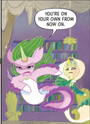 Size: 644x888 | Tagged: safe, idw, official comic, princess anemone, queen calla lily, seapony (g4), g5, my little pony: set your sail, set your sail #3, spoiler:comic, spoiler:g5comic, bookshelf, clothes, crown, dorsal fin, dress, female, fin, fin wings, fins, fish tail, flowing mane, flowing tail, horn, jewelry, ocean, regalia, scales, siblings, sisters, swimming, tail, text, underwater, water, wings