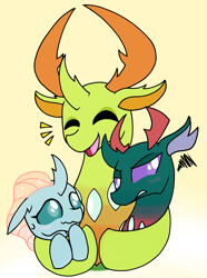 Size: 2750x3696 | Tagged: safe, artist:chaosimp2006, ocellus, pharynx, thorax, changedling, changeling, g4, blushing, female, gradient background, hug, king thorax