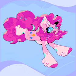 Size: 2048x2048 | Tagged: safe, artist:foxelity, pinkie pie, earth pony, pony, g4, coat markings, colored hooves, ear fluff, female, full body, high res, hoof fluff, hooves, leaping, looking at you, mare, open mouth, open smile, pale belly, pink coat, signature, smiling, smiling at you, socks (coat markings), solo