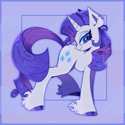 Size: 2048x2048 | Tagged: safe, artist:foxelity, rarity, pony, unicorn, g4, abstract background, colored hooves, ear piercing, eyeshadow, female, full body, high res, hoof fluff, hooves, horn, looking at you, makeup, mare, piercing, side view, signature, smiling, smiling at you, solo, square background