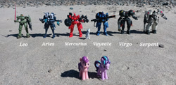 Size: 1280x625 | Tagged: safe, artist:dingopatagonico, double diamond, starlight glimmer, sugar belle, earth pony, unicorn, g4, aries mobile suit, horn, leo mobile suit, mercurius mobile suit, photo, serpent mobile suit, toy, vayeate mobile suit, virgo mobile doll