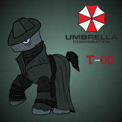 Size: 1920x1920 | Tagged: safe, artist:tinysnowflake, pony, adult, cloathes, gradient background, male, menacing, mister x, mr x, ponified, pose, raincoat, resident evil, resident evil 2, stallion, t-00, umbrella corporation