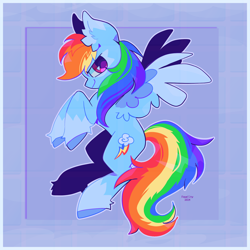 Size: 2048x2048 | Tagged: safe, artist:foxelity, rainbow dash, pegasus, pony, g4, abstract background, colored hooves, ear fluff, female, flying, full body, high res, hooves, mare, side view, signature, smiling, solo, spread wings, square background, unshorn fetlocks, wings