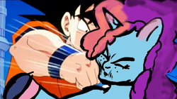 Size: 1136x640 | Tagged: artist needed, source needed, safe, edit, misty brightdawn, pony, saiyan, unicorn, g5, dragon ball, duo, duo male and female, eyes closed, female, freckles, horn, male, mare, punch, rebirth misty, son goku