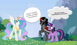 Size: 825x488 | Tagged: editor needed, safe, edit, king sombra, princess celestia, twilight sparkle, alicorn, pony, unicorn, g4, female, horn, male, needs more jpeg, outdoors, ship:twibra, shipping, spanish, speech bubble, straight, text, translation request, trio, twilight sparkle (alicorn)