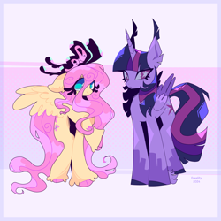 Size: 2000x2000 | Tagged: safe, artist:foxelity, fluttershy, twilight sparkle, alicorn, butterfly, pegasus, pony, g4, abstract background, blue eyes, colored hooves, duo, duo female, eye clipping through hair, eyebrows, eyebrows visible through hair, female, folded wings, full body, high res, hooves, mare, pink background, pink hooves, pink mane, pink tail, raised hoof, signature, solo, spread wings, tail, twilight sparkle (alicorn), unshorn fetlocks, wings, yellow coat