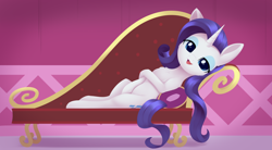 Size: 3428x1888 | Tagged: safe, artist:dusthiel, rarity, pony, unicorn, g4, carousel boutique, fainting couch, hoof on belly, horn, leaning, looking at you, round belly, solo