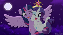 Size: 8000x4500 | Tagged: safe, artist:twilirity, rarity, twilight sparkle, alicorn, pony, unicorn, g4, absurd resolution, big crown thingy, duo, duo female, element of magic, female, flying, horn, hug, jewelry, lesbian, mare, moon, outdoors, regalia, ship:rarilight, shipping, sky, stars, twilight sparkle (alicorn), vector