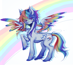 Size: 2418x2143 | Tagged: safe, artist:mochunmonster, rainbow dash, pegasus, pony, g4, alternate design, blue coat, colored wings, female, full body, mare, multicolored hair, multicolored wings, rainbow, rainbow background, rainbow hair, rainbow tail, rainbow wings, raised hoof, solo, standing on three hooves, striped background, tail, wings