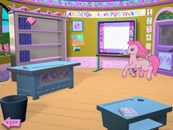 Size: 800x600 | Tagged: safe, morning glory (g2), earth pony, pony, g2, my little pony: friendship gardens, alphabet, book, bookshelf, closed mouth, cursor, cute, desk, door, eraser, female, g2 morningdorable, game, indoors, lunchbox, mare, marker, memory, memory game, notebook, numbers, paper airplane, pc game, picture, picture frame, pointer, ponyland, school, sharpener (object), smiling, solo, teacher, trash can, trotting, video game, whiteboard, window