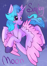 Size: 1394x1949 | Tagged: safe, artist:destiny_manticor, oc, oc only, oc:saphira moon, alicorn, pony, alicorn oc, colored wings, curly mane, eye clipping through hair, eyebrows, eyebrows visible through hair, flying, horn, looking at you, text, two toned mane, two toned wings, unshorn fetlocks, wings