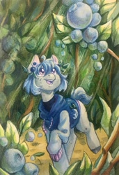 Size: 1404x2048 | Tagged: safe, artist:owl_clare, oc, oc only, earth pony, pony, blueberry, clothes, ear piercing, earring, female, food, forest, hoodie, jewelry, mare, nature, piercing, solo, traditional art, tree