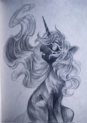 Size: 1447x2048 | Tagged: safe, artist:owlclare, oc, oc only, pony, unicorn, black and white, black sclera, female, grayscale, horn, mare, monochrome, moon eyes, simple background, solo, traditional art, white background