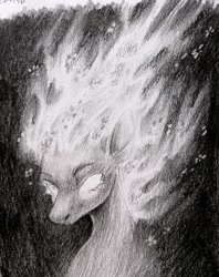 Size: 1787x2257 | Tagged: safe, alternate version, artist:owl_clare, oc, oc only, pony, black and white, fiery mane, flower, flower in hair, grayscale, monochrome, solo, traditional art