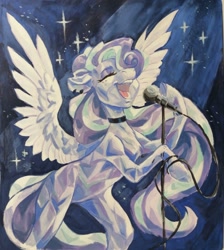 Size: 1438x1603 | Tagged: safe, artist:owl_clare, oc, oc only, crystal pony, pegasus, pony, choker, ear piercing, earring, female, gouache, jewelry, mare, microphone, microphone stand, piercing, singing, solo, spread wings, traditional art, wings