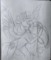 Size: 1346x1587 | Tagged: safe, artist:owlclare, oc, oc only, crystal pony, pegasus, pony, black and white, chest fluff, choker, ear piercing, earring, female, grayscale, jewelry, mare, microphone, microphone stand, monochrome, piercing, simple background, singing, sketch, solo, spread wings, traditional art, white background, wings, wip