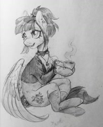 Size: 1280x1575 | Tagged: safe, artist:owl_clare, oc, oc only, pegasus, pony, black and white, chest fluff, choker, clothes, cup, drink, ear piercing, earring, female, grayscale, jewelry, mare, monochrome, necklace, piercing, ponytail, simple background, sitting, socks, solo, sweater, teacup, traditional art, white background