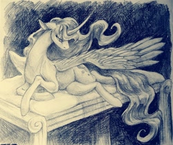 Size: 2048x1717 | Tagged: safe, artist:owl_clare, princess luna, alicorn, pony, g4, curved horn, female, grayscale, horn, lying down, mare, monochrome, pencil drawing, prone, solo, spread wings, traditional art, wings