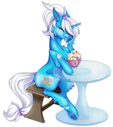 Size: 1740x1950 | Tagged: safe, artist:schizophrenicfox, oc, oc only, oc:pummela, pony, unicorn, blushing, cheek fluff, cherry, cute, ear fluff, eyes closed, food, horn, ice cream, mouth hold, ponytail, raised hoof, simple background, sitting, smiling, spoon, table, transparent background, unicorn oc