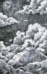 Size: 656x1024 | Tagged: safe, artist:owl_clare, princess luna, alicorn, pony, g4, black and white, cloud, curved horn, female, grayscale, horn, mare, monochrome, moon, mountain, scenery, scenery porn, solo, traditional art