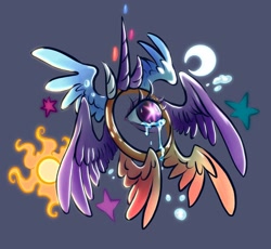 Size: 2122x1950 | Tagged: safe, artist:owlclare, princess celestia, princess luna, twilight sparkle, angel, pony, g4, biblically accurate angels, crying, female, gray background, horn, multiple horns, multiple wings, ophanim, simple background, wings