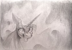 Size: 2048x1425 | Tagged: safe, artist:owlclare, nightmare moon, alicorn, pony, g4, black and white, fangs, female, grayscale, mare, monochrome, slit pupils, solo, traditional art