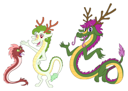 Size: 4000x2827 | Tagged: safe, artist:aleximusprime, oc, oc only, oc:aster the dragon, oc:lily the dragon, dragon, eastern dragon, wyrm, flurry heart's story, antlers, brother and sister, dragon oc, dragoness, eastern drake, facial hair, female, fur, hair, long, long dragon, male, moustache, non-pony oc, older, pet, shrug, siblings, simple background, transparent background, trio, wave