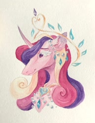 Size: 1290x1668 | Tagged: safe, artist:owlclare, princess cadance, alicorn, pony, g4, bust, curved horn, female, horn, jewelry, mare, necklace, regalia, simple background, solo, traditional art, white background