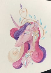 Size: 1168x1668 | Tagged: safe, artist:owlclare, princess cadance, alicorn, pony, g4, bust, curved horn, female, horn, jewelry, mare, necklace, regalia, simple background, solo, traditional art, white background