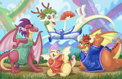 Size: 5100x3300 | Tagged: safe, artist:aleximusprime, oc, oc only, oc:barb the dragon, oc:billow the dragon, oc:buttercream the dragon, oc:lily the dragon, dragon, eastern dragon, flurry heart's story, antlers, arm behind head, cheongsam, chinese, chinese dress, clothes, cute, dragoness, draw me like one of your french girls, dress, eastern drake, fan, fat, female, flirting, kimono (clothing), long, long dragon, lying down, northern drake, one eye closed, outdoors, paper fan, plump, sexy, southern drake, sultry pose, tuanshan, wings, wink, year of the dragon