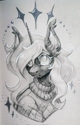 Size: 1309x2048 | Tagged: safe, artist:owlclare, oc, oc only, pony, unicorn, black and white, bust, clothes, ear fluff, ear tufts, female, grayscale, horn, mare, monochrome, solo, sweater, traditional art